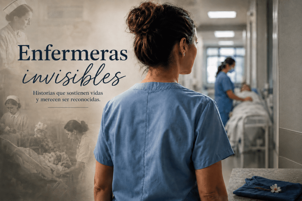 Enfermera vista de espaldas, con uniforme sanitario, en un entorno hospitalario; una imagen que simboliza el cuidado, el acompañamiento y el trabajo silencioso que sostiene vidas.