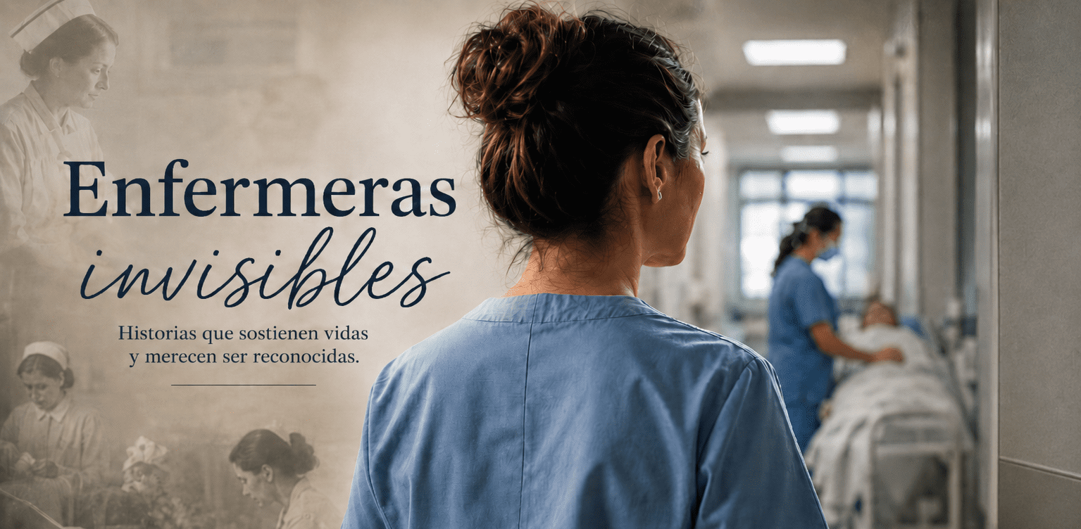 Enfermera vista de espaldas, con uniforme sanitario, en un entorno hospitalario; una imagen que simboliza el cuidado, el acompañamiento y el trabajo silencioso que sostiene vidas.