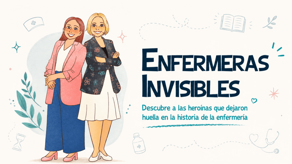 Ilustración en estilo caricatura de las creadoras de Enfermeras Invisibles, representadas de forma amigable y profesional con elementos relacionados con la enfermería.